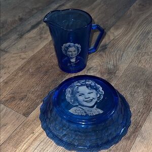 Vintage Shirley Temple Cobalt Blue Glass Pitcher and Bowl Set